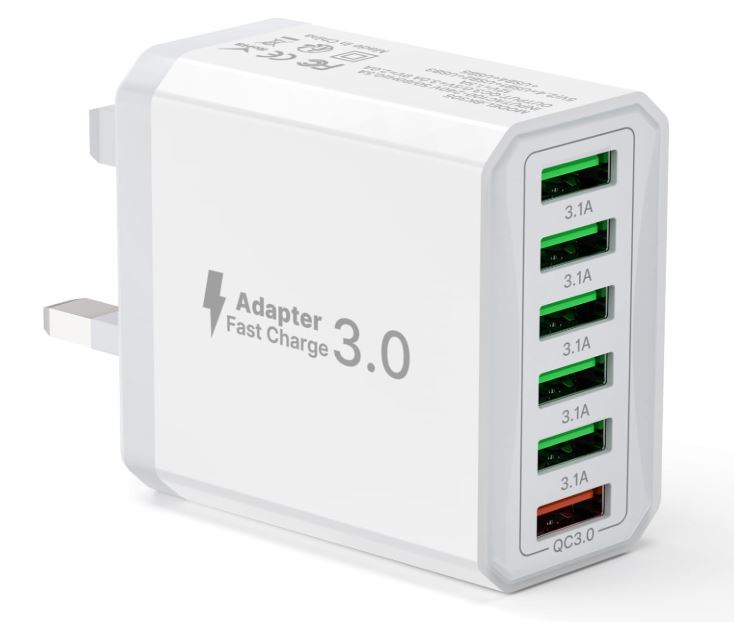 33W 6-Port USB Fast Charger Plug – Multi USB Wall Adapter with Quick Charge 3.0 for iPhone, Samsung & More (UK Plug)